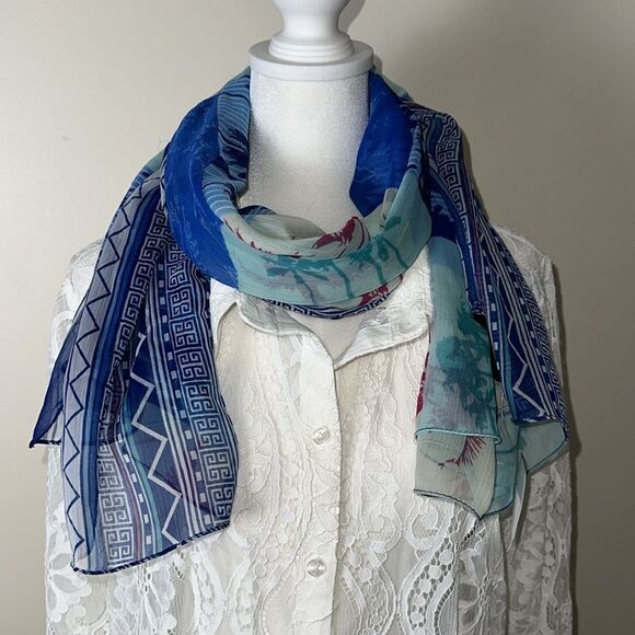 kensie Blue Pink Green White Sheer Square Patch Tropical Print Square Scarf Wrap - Picture 3 of 10